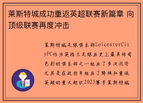 莱斯特城成功重返英超联赛新篇章 向顶级联赛再度冲击
