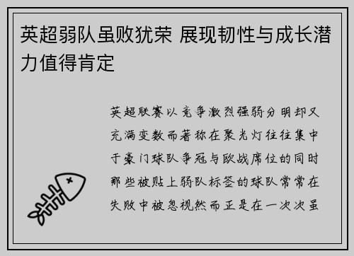 英超弱队虽败犹荣 展现韧性与成长潜力值得肯定
